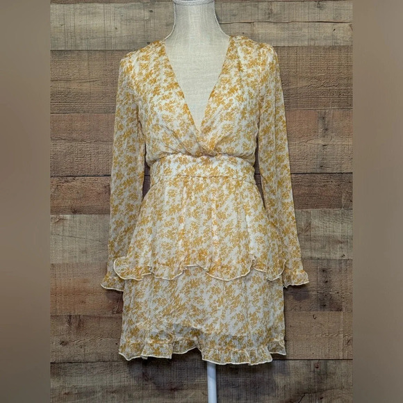 The Vintage Shop Dresses & Skirts - 🌻 The Vintage Shop Yellow Tiered Ruffle Chiffon Floral Long Sleeve Mini size M